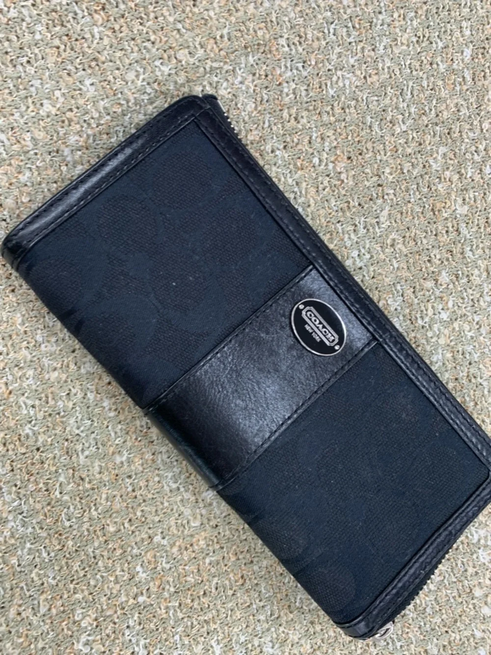 Coach Black Signature Zip Wallet with Logo Plaque